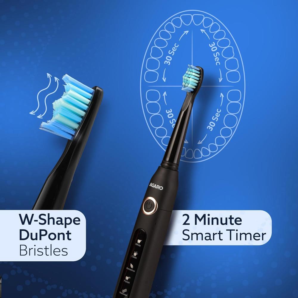 AGARO COSMIC Sonic Electric Toothbrush for Adults with 5 Modes, 3 Brush Heads & Rechargeable with 4 Hours Charge Lasting up to 25 Days, Power Toothbrush, (Black) 33437