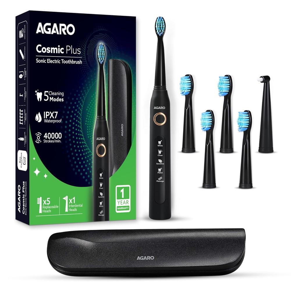 Agaro Cosmic Plus Sonic Electric Tooth Brush For Adults With 5 Modes, 5 Brush Heads, 1 Interdental Head, Carry Case & Rechargeable With 4 Hours Charge Lasting Up To 25 Days, Power Toothbrush, (black) 33438 - Color: Black