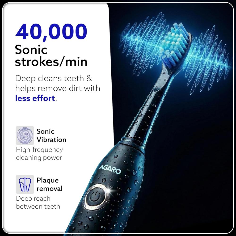 AGARO COSMIC PLUS Sonic Electric Tooth Brush For Adults With 5 Modes, 5 Brush Heads, 1 Interdental Head, Carry Case & Rechargeable With 4 Hours Charge Lasting Up To 25 Days, Power Toothbrush, (Black) 33438