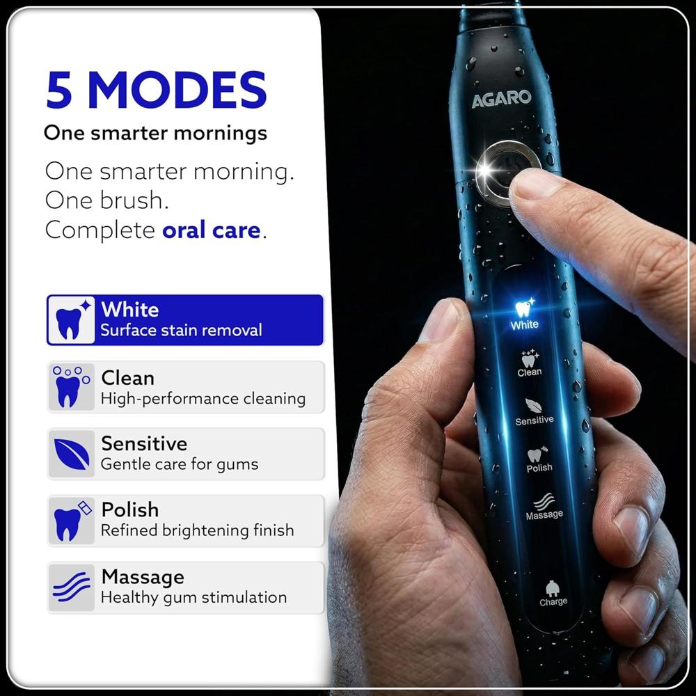 AGARO COSMIC PLUS Sonic Electric Tooth Brush For Adults With 5 Modes, 5 Brush Heads, 1 Interdental Head, Carry Case & Rechargeable With 4 Hours Charge Lasting Up To 25 Days, Power Toothbrush, (Black) 33438