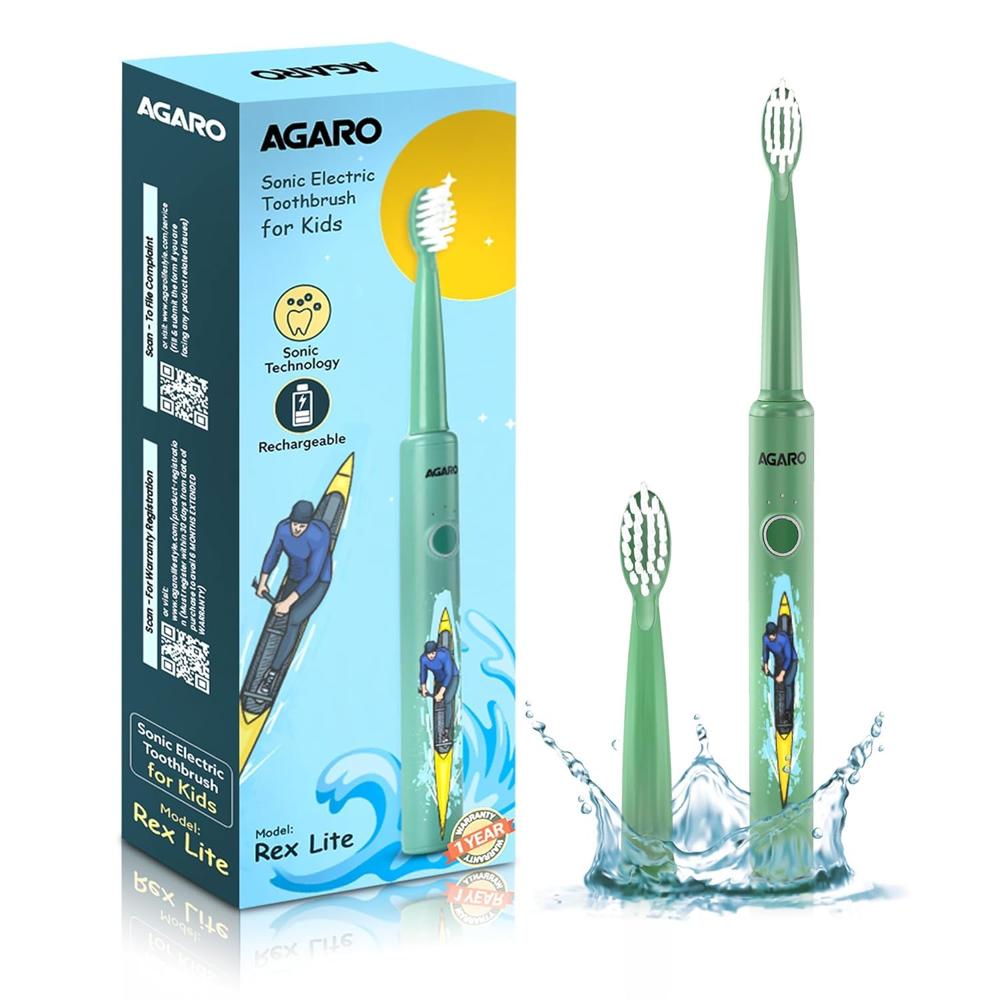 Agaro Rex Lite Sonic Electric Kids Toothbrush With 3 Brushing Modes, 19000 Strokes Per Minute, Dupont Soft Nylon Bristles, Rechargeable Battery, Power Tooth Brush, Replaceable Heads 33463 - Application: Battery