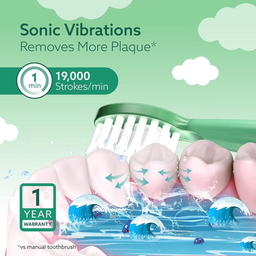 AGARO REX Lite Sonic Electric Kids Toothbrush with 3 Brushing Modes, 19000 Strokes per minute, Dupont Soft Nylon Bristles, Rechargeable Battery, Power Tooth Brush, Replaceable Heads 33463