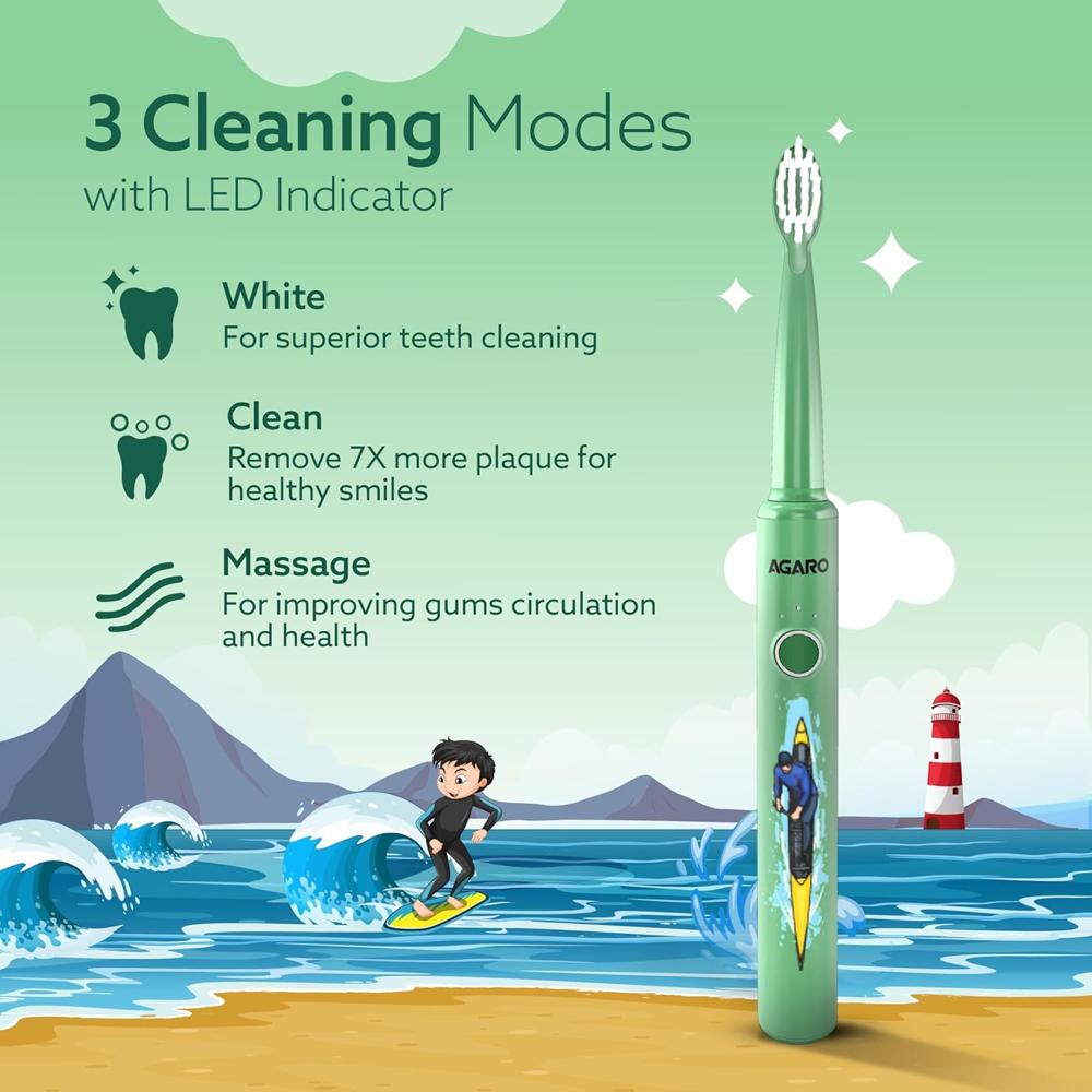 AGARO REX Lite Sonic Electric Kids Toothbrush with 3 Brushing Modes, 19000 Strokes per minute, Dupont Soft Nylon Bristles, Rechargeable Battery, Power Tooth Brush, Replaceable Heads 33463
