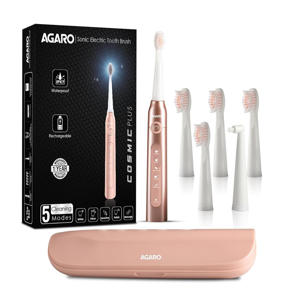 AGARO COSMIC PLUS Sonic Electric Tooth Brush For Adults with 5 Modes, 5 Brush Heads, 1 Interdental Head, Carry Case & Rechargeable with 4 Hours Charge Lasting Up to 25 Days, Power Toothbrush, (Rosegold) 3352