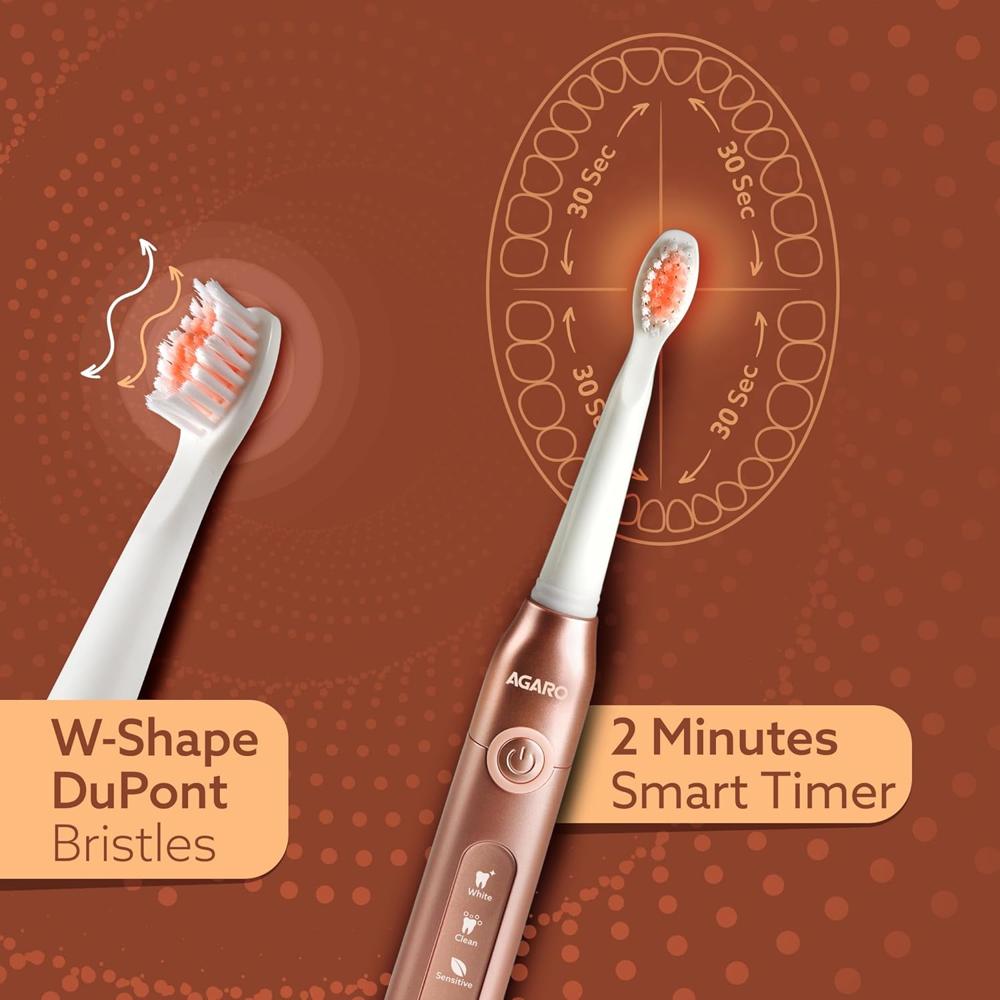AGARO COSMIC PLUS Sonic Electric Tooth Brush For Adults with 5 Modes, 5 Brush Heads, 1 Interdental Head, Carry Case & Rechargeable with 4 Hours Charge Lasting Up to 25 Days, Power Toothbrush, (Rosegold) 3352