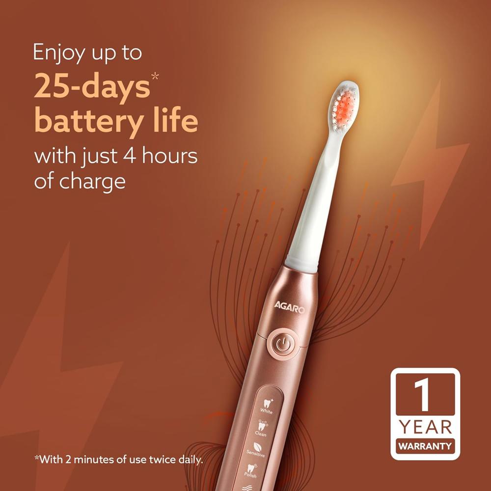 AGARO COSMIC PLUS Sonic Electric Tooth Brush For Adults with 5 Modes, 5 Brush Heads, 1 Interdental Head, Carry Case & Rechargeable with 4 Hours Charge Lasting Up to 25 Days, Power Toothbrush, (Rosegold) 3352