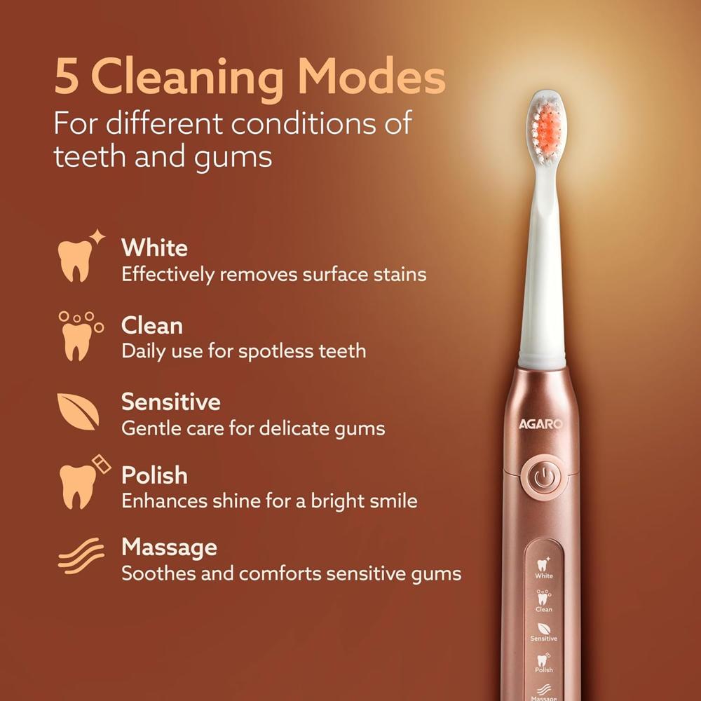 AGARO COSMIC PLUS Sonic Electric Tooth Brush For Adults with 5 Modes, 5 Brush Heads, 1 Interdental Head, Carry Case & Rechargeable with 4 Hours Charge Lasting Up to 25 Days, Power Toothbrush, (Rosegold) 3352