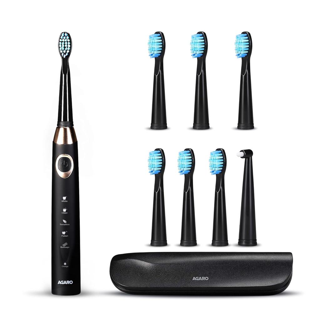 AGARO COSMIC MAX Sonic Electric tooth brush for adults with 5 modes, 7 brush heads, 1 Interdental head and rechargeable with 4 hours charge lasting up to 25 days (Black) 33534