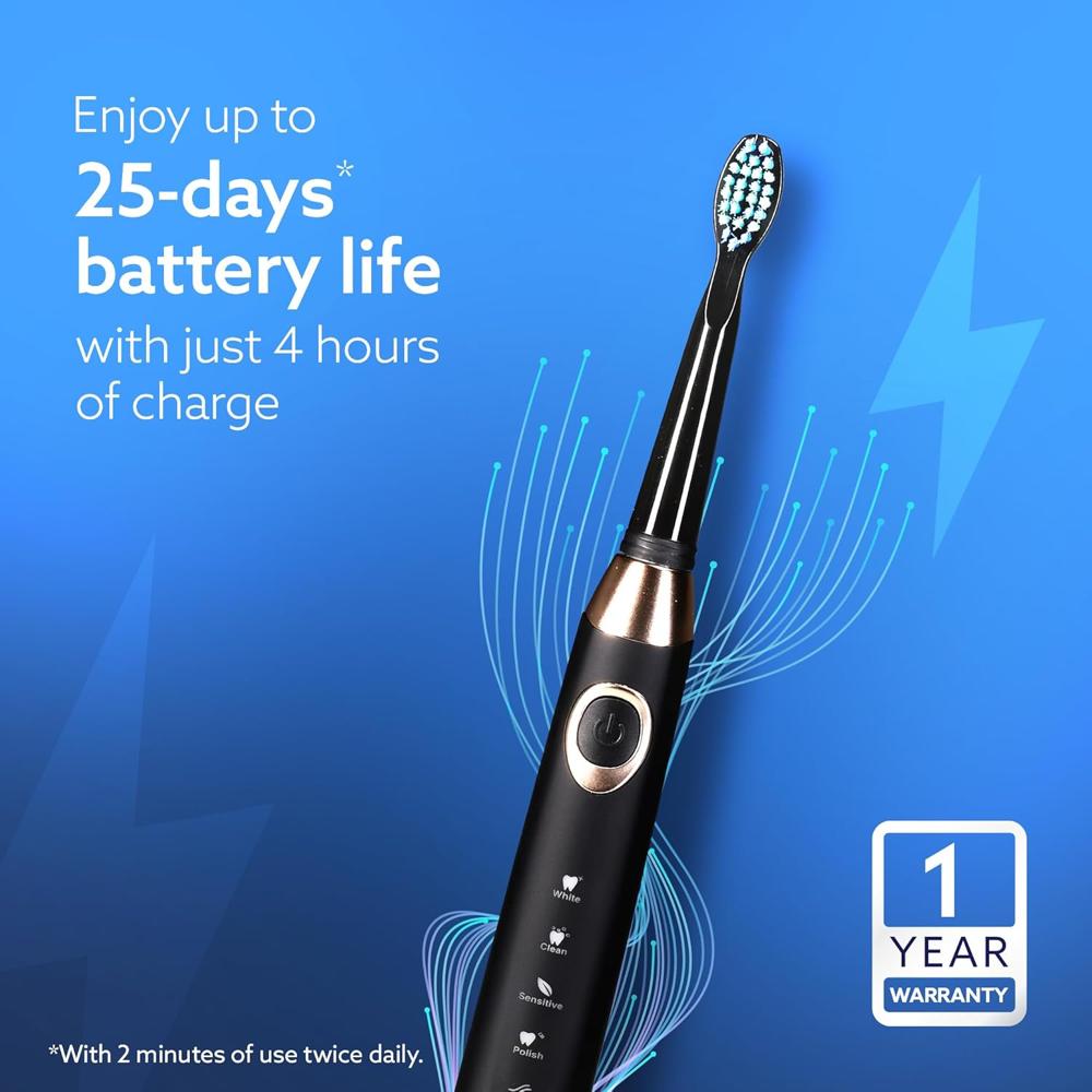 AGARO COSMIC MAX Sonic Electric tooth brush for adults with 5 modes, 7 brush heads, 1 Interdental head and rechargeable with 4 hours charge lasting up to 25 days (Black) 33534