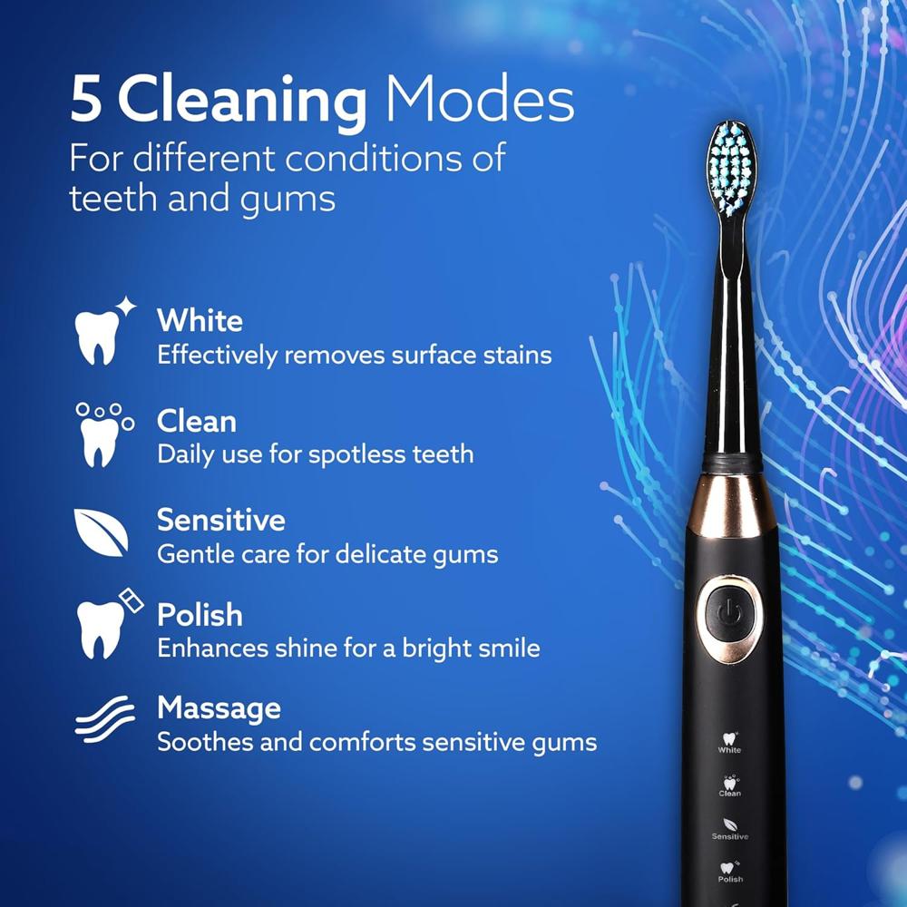 AGARO COSMIC MAX Sonic Electric tooth brush for adults with 5 modes, 7 brush heads, 1 Interdental head and rechargeable with 4 hours charge lasting up to 25 days (Black) 33534