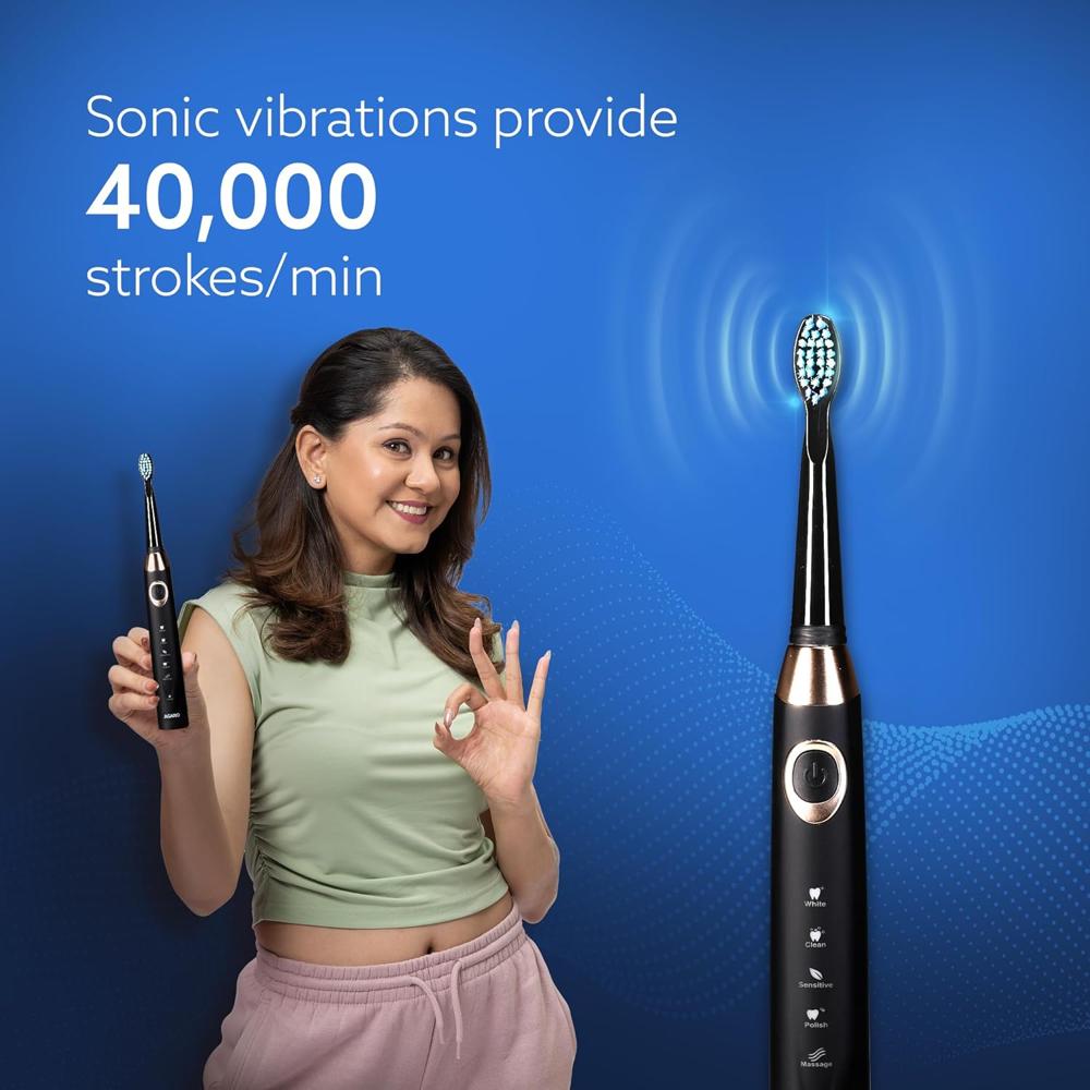 AGARO COSMIC MAX Sonic Electric tooth brush for adults with 5 modes, 7 brush heads, 1 Interdental head and rechargeable with 4 hours charge lasting up to 25 days (Black) 33534