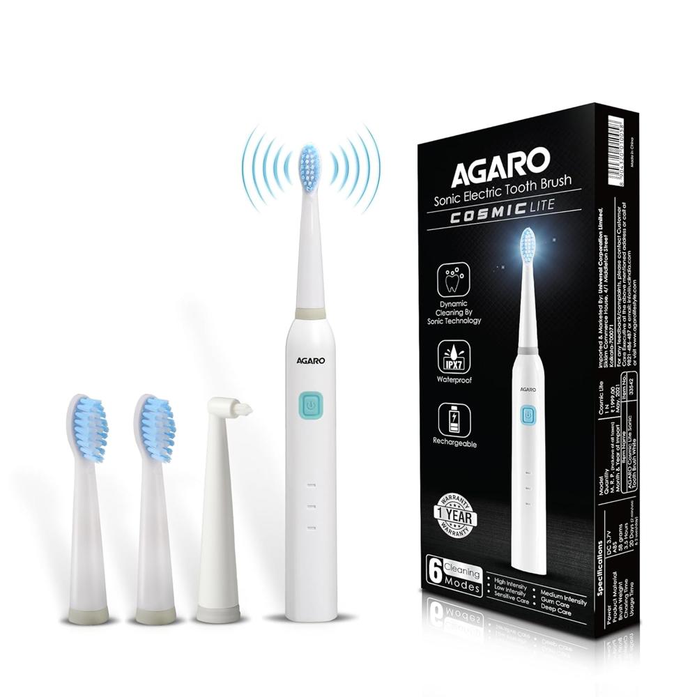 AGARO COSMIC Lite Sonic Electric Toothbrush For Adults With 6 Modes, 3 Brush Heads, 1 Interdental Head And Rechargeable With 3.5 Hours Charge Lasting Upto 25 Days, Power Toothbrush| White 33542