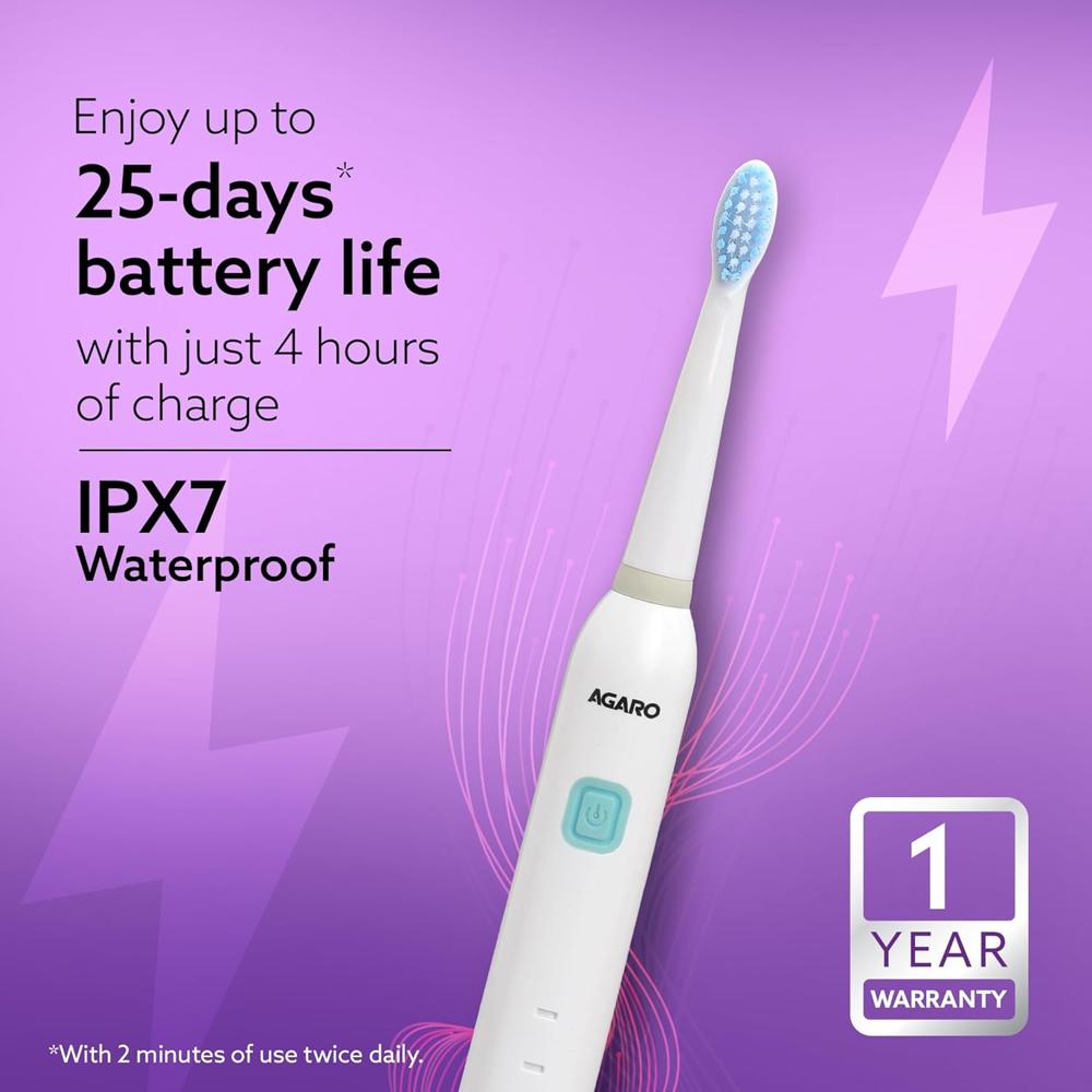 AGARO COSMIC Lite Sonic Electric Toothbrush For Adults With 6 Modes, 3 Brush Heads, 1 Interdental Head And Rechargeable With 3.5 Hours Charge Lasting Upto 25 Days, Power Toothbrush| White 33542