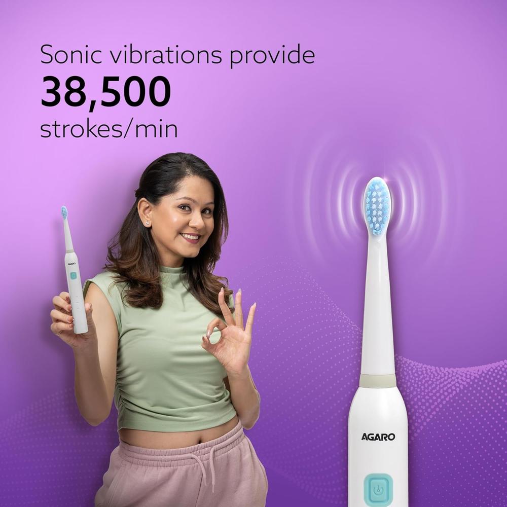 AGARO COSMIC Lite Sonic Electric Toothbrush For Adults With 6 Modes, 3 Brush Heads, 1 Interdental Head And Rechargeable With 3.5 Hours Charge Lasting Upto 25 Days, Power Toothbrush| White 33542