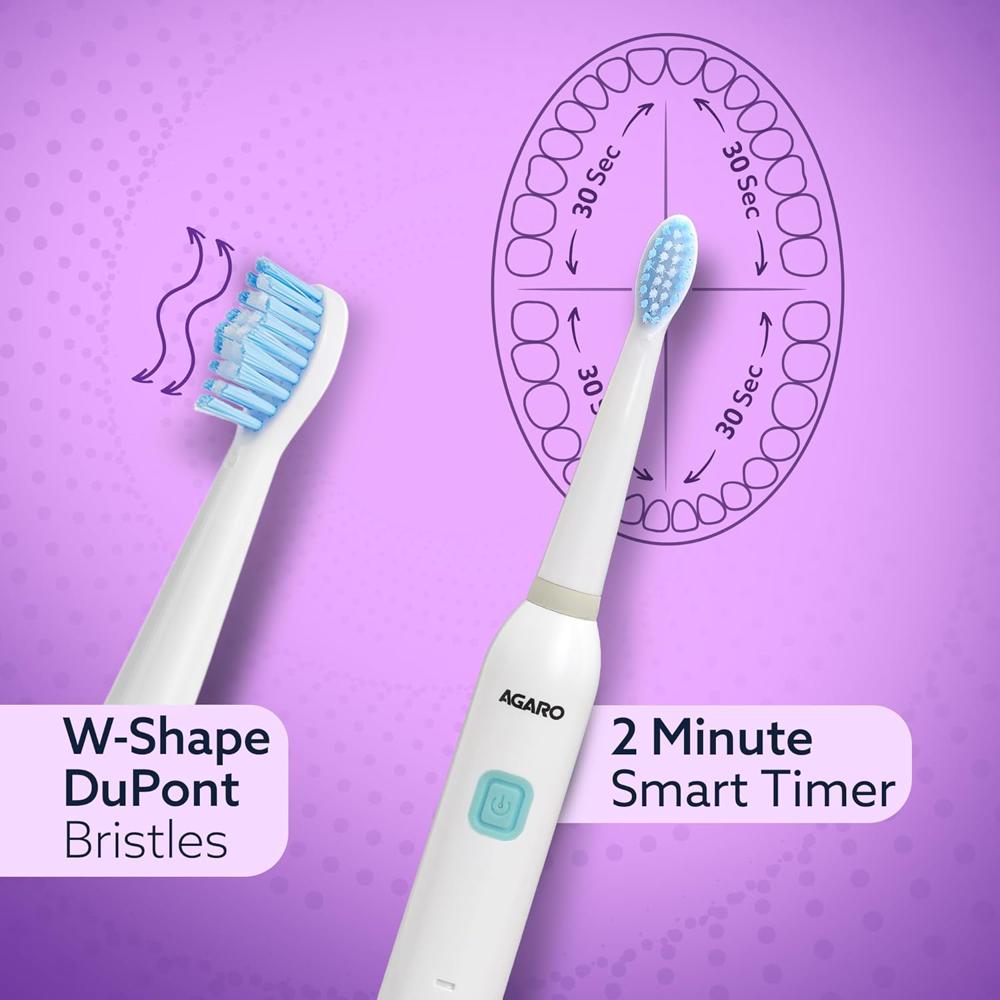 AGARO COSMIC Lite Sonic Electric Toothbrush For Adults With 6 Modes, 3 Brush Heads, 1 Interdental Head And Rechargeable With 3.5 Hours Charge Lasting Upto 25 Days, Power Toothbrush| White 33542