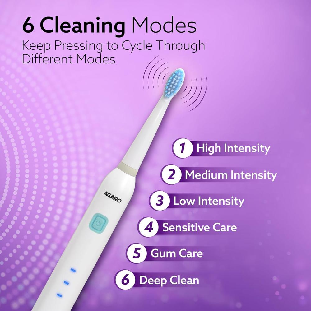 AGARO COSMIC Lite Sonic Electric Toothbrush For Adults With 6 Modes, 3 Brush Heads, 1 Interdental Head And Rechargeable With 3.5 Hours Charge Lasting Upto 25 Days, Power Toothbrush| White 33542