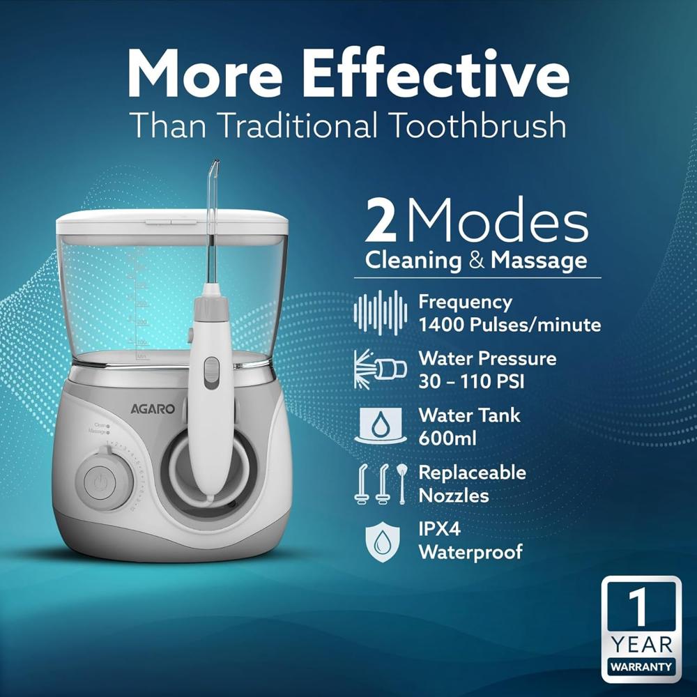 AGARO Tabletop Oral Irrigator with 2 Cleaning Modes & 10 Pressure Settings, 600ml Watertank, Oral Flosser
