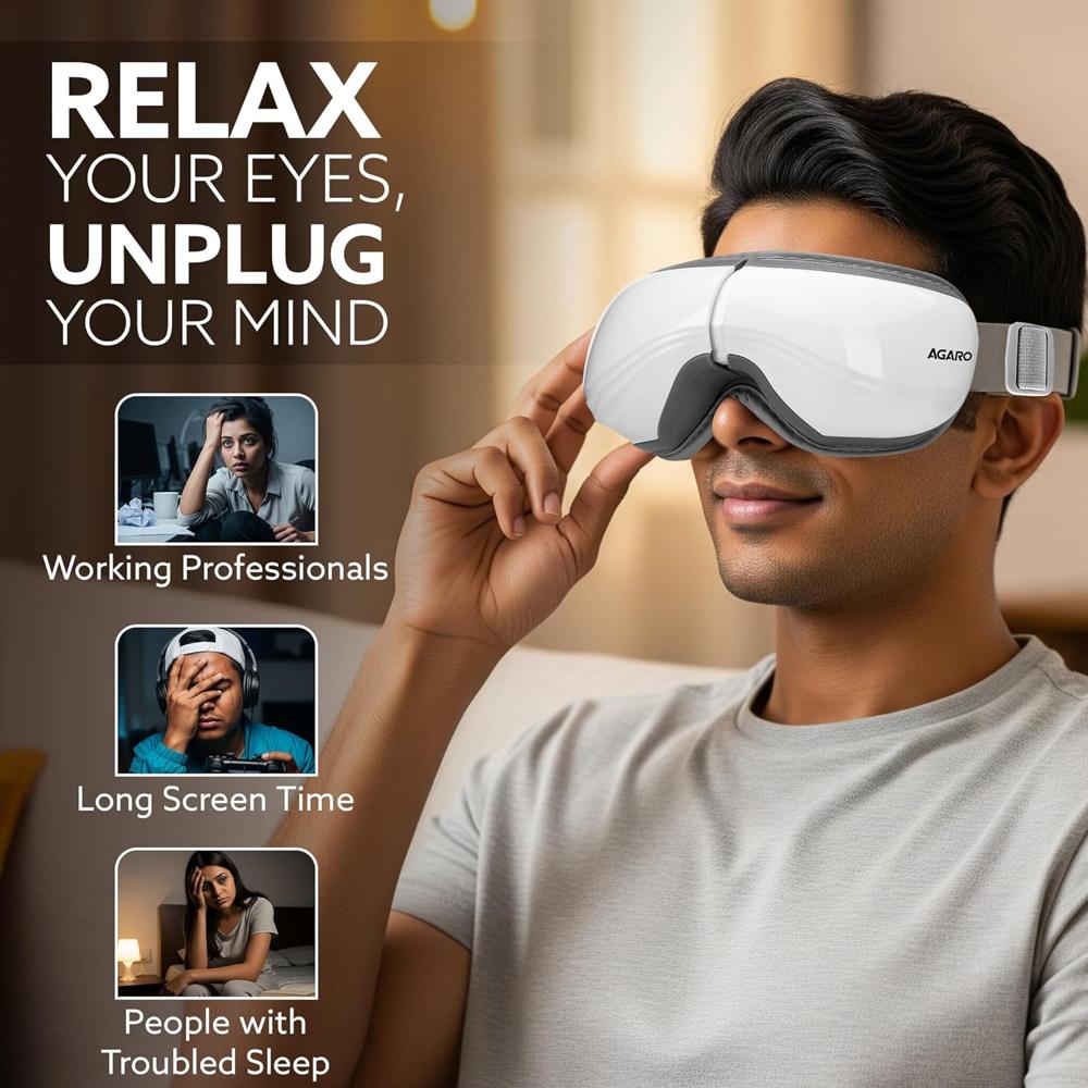 AGARO Supreme Eye Massager with Lukewarm Heat, Relax, Reduce Eye Strain, Relief from Stress, Air Compression Massage,  34281