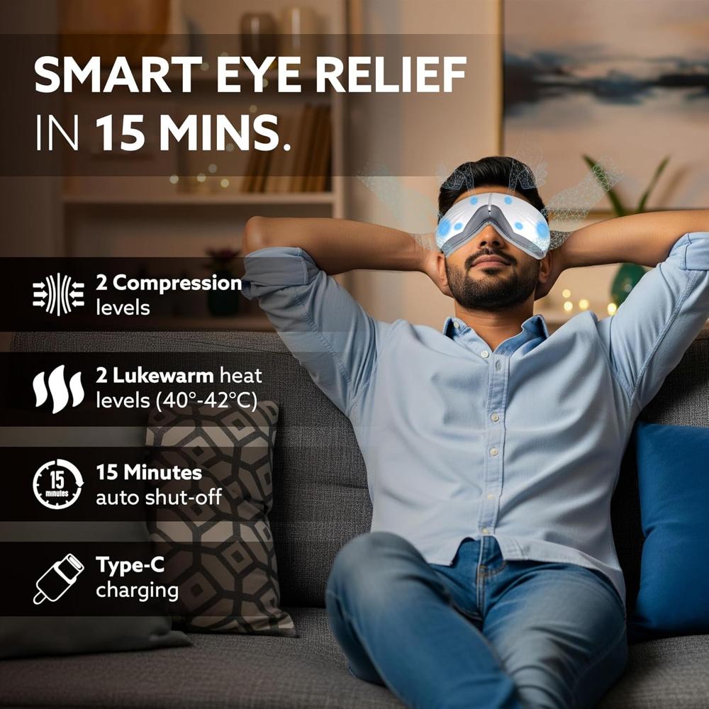 AGARO Supreme Eye Massager with Lukewarm Heat, Relax, Reduce Eye Strain, Relief from Stress, Air Compression Massage,  34281