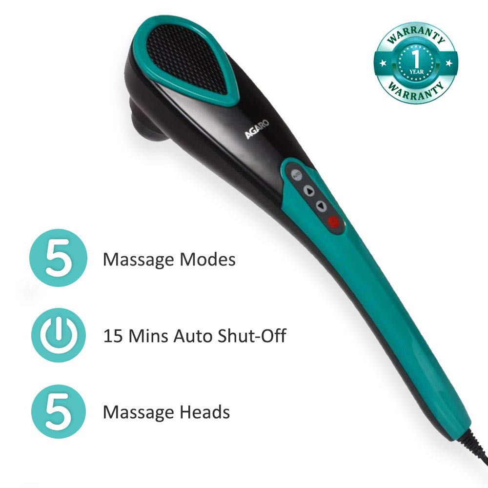 AGARO Comfort Electric Handheld Full Body Hammer Massager with 5 Massage Heads, 5 Mode & 6 Speed Settings for Pain Relief & Relaxation (Green & Black), Back,Leg & Foot 33322