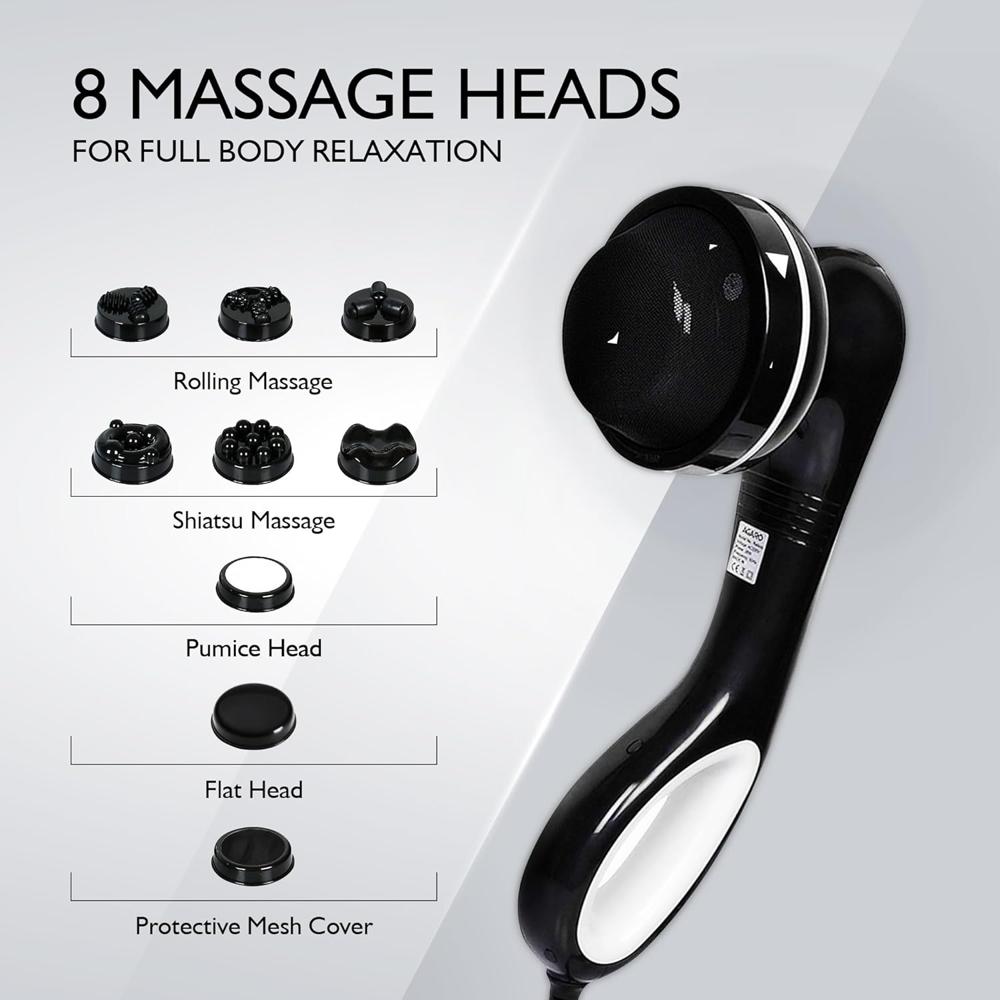 AGARO Relaxo Electric Handheld Full Body Massager with 8 Massage Heads, 5 Mode & 6 Speed Settings for Muscle Relief & Relaxation (Black), Back, Leg & Foot 33324