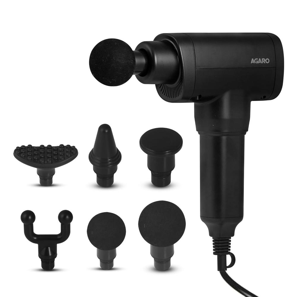 AGARO Impact Handheld Deep Tissue Percussion Gun Massager,Massage Machine, Body Massager, 6 Massage Heads, 5 Speed, For Deep Tissue Massage, Body Relaxation & Pain Relief (Black) 33659