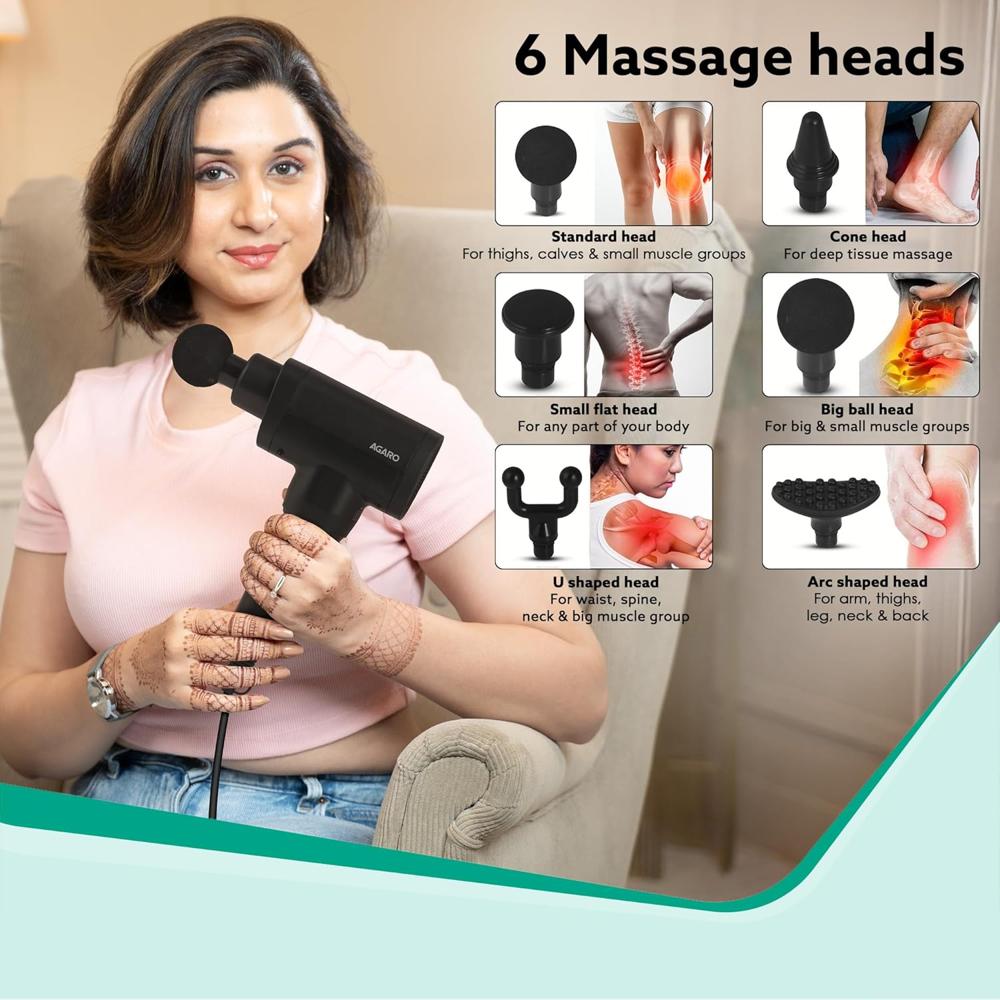 AGARO Impact Handheld Deep Tissue Percussion Gun Massager,Massage Machine, Body Massager, 6 Massage Heads, 5 Speed, For Deep Tissue Massage, Body Relaxation & Pain Relief (Black) 33659