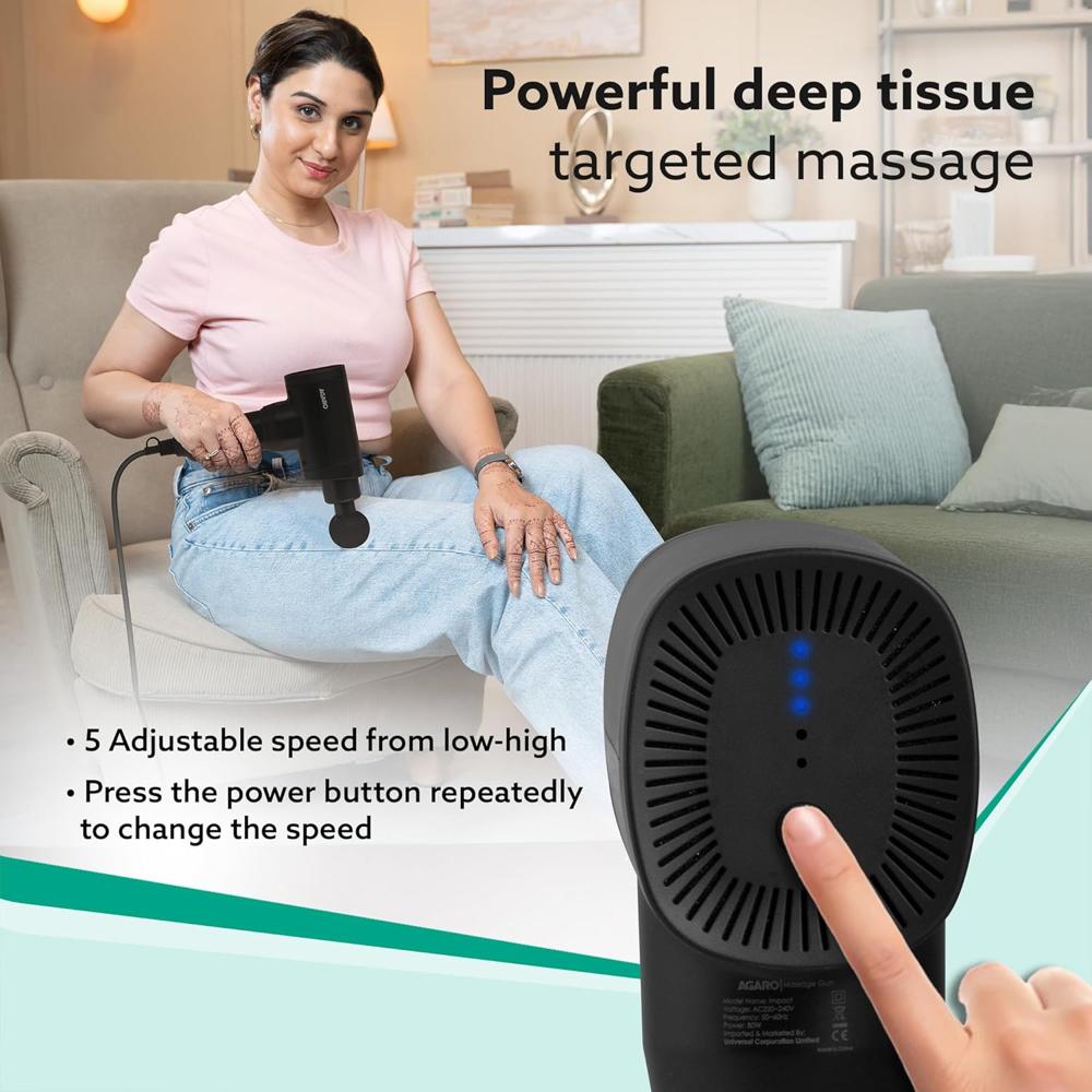AGARO Impact Handheld Deep Tissue Percussion Gun Massager,Massage Machine, Body Massager, 6 Massage Heads, 5 Speed, For Deep Tissue Massage, Body Relaxation & Pain Relief (Black) 33659