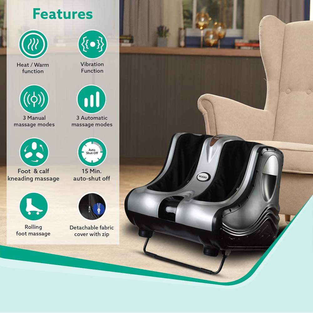AGARO Amaze Foot & Calf Massager, Rolling & Kneading Massage, Vibration, Lukewarm Heat, Calf/Foot Massage Each with 3 Intensity Levels, everyday Relief, Muscle Relaxation & Increases Blood Circulation 33320