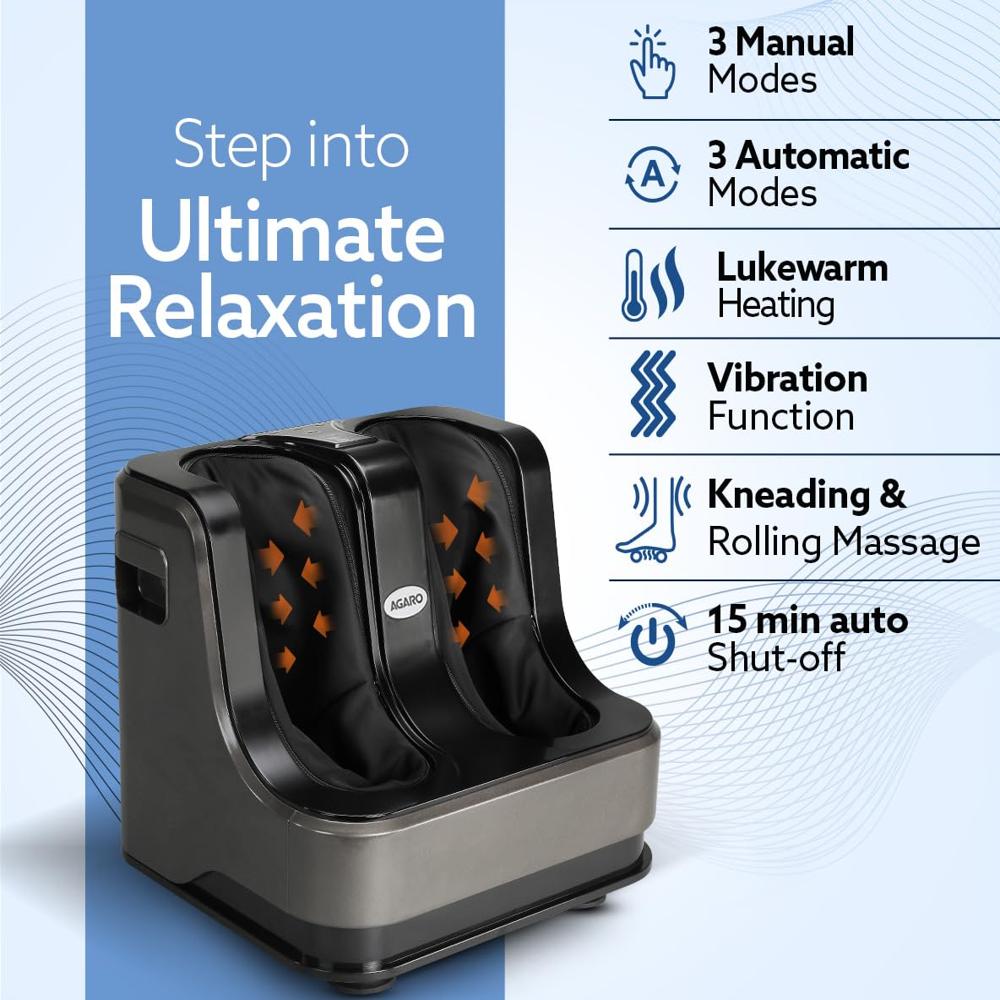 AGARO Rejoice Foot, Calf and Leg Massager with Lukewarm Heating and Vibration, 80W, 4 Motors, Rolling & Kneading Functions for Muscle Relaxation & Improving Blood Circulation (Grey) 33440