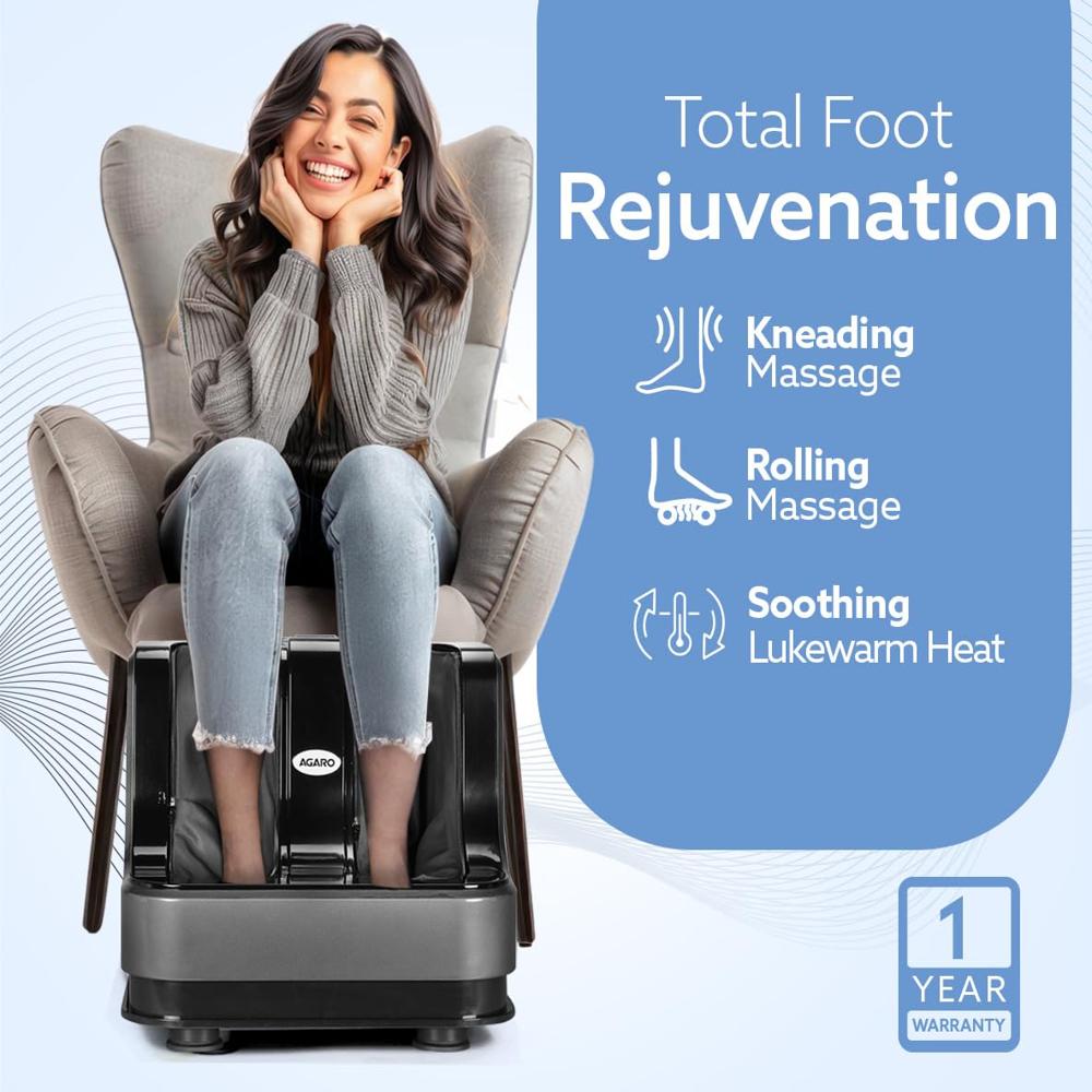 AGARO Rejoice Foot, Calf and Leg Massager with Lukewarm Heating and Vibration, 80W, 4 Motors, Rolling & Kneading Functions for Muscle Relaxation & Improving Blood Circulation (Grey) 33440