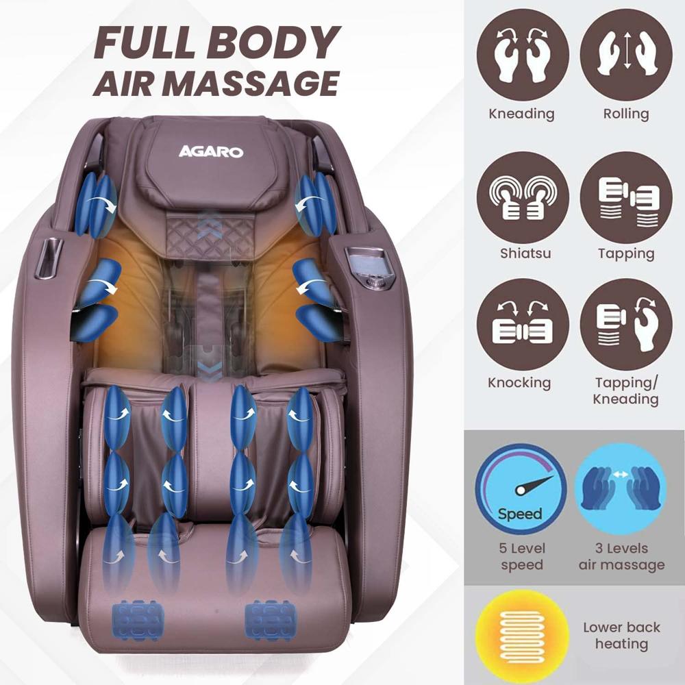 AGARO Full Body Massage Chair Zero Gravity, Bluetooth Speaker, AI Voice Control, Handrail Shortcut Key, Rolling, Kneading, Tapping, Air Compression Massage, Luke Warm Heat, Brown  33441