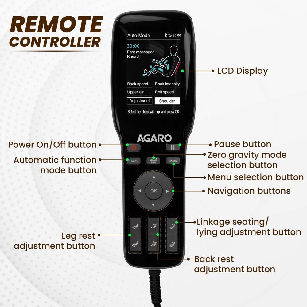 AGARO Full Body Massage Chair Zero Gravity, Bluetooth Speaker, AI Voice Control, Handrail Shortcut Key, Rolling, Kneading, Tapping, Air Compression Massage, Luke Warm Heat, Brown  33441