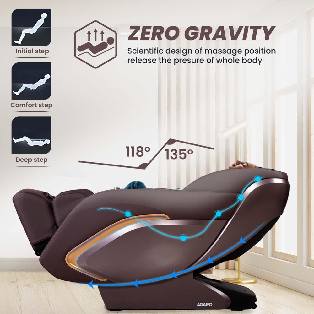 AGARO Full Body Massage Chair Zero Gravity, Bluetooth Speaker, AI Voice Control, Handrail Shortcut Key, Rolling, Kneading, Tapping, Air Compression Massage, Luke Warm Heat, Brown  33441