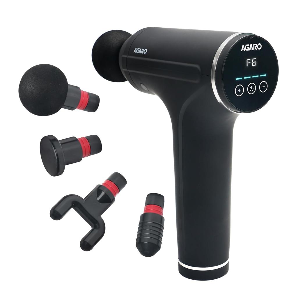 AGARO Galaxy Gun Massager, 4 Heads, 6 Speed, Rechargeable, Handheld, Percussion Muscle Massager for Full Body Relief, Muscle Relaxation of Neck, Shoulder, Back, Foot for Men & Women, Black 34024