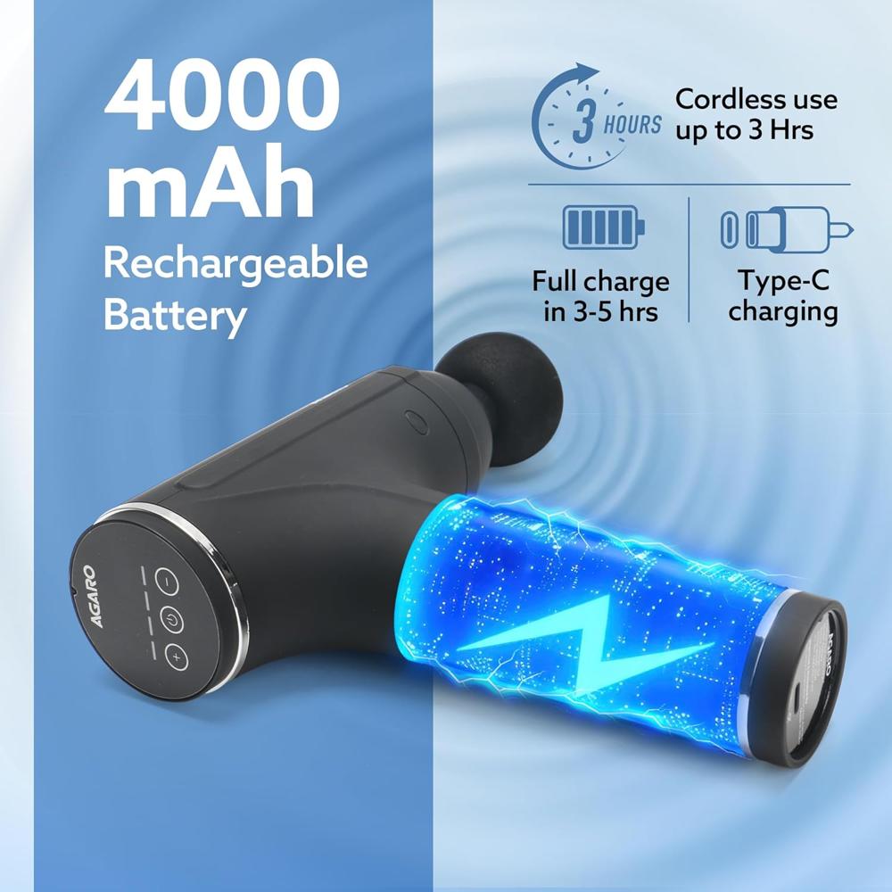 AGARO Galaxy Gun Massager, 4 Heads, 6 Speed, Rechargeable, Handheld, Percussion Muscle Massager for Full Body Relief, Muscle Relaxation of Neck, Shoulder, Back, Foot for Men & Women, Black 34024