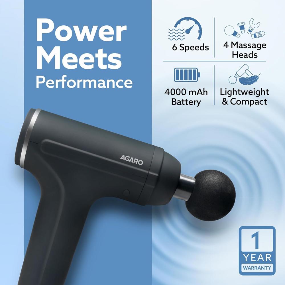 AGARO Galaxy Gun Massager, 4 Heads, 6 Speed, Rechargeable, Handheld, Percussion Muscle Massager for Full Body Relief, Muscle Relaxation of Neck, Shoulder, Back, Foot for Men & Women, Black 34024