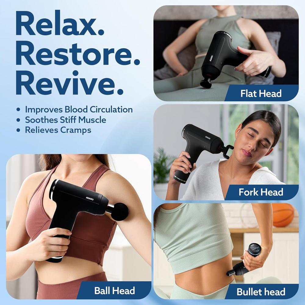 AGARO Galaxy Gun Massager, 4 Heads, 6 Speed, Rechargeable, Handheld, Percussion Muscle Massager for Full Body Relief, Muscle Relaxation of Neck, Shoulder, Back, Foot for Men & Women, Black 34024