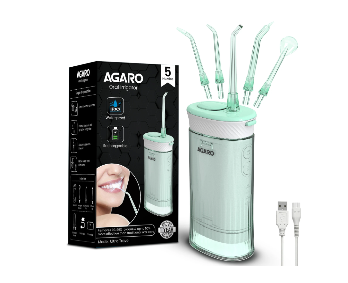 AGARO Ultra Travel Oral Irrigator, Portable, Cordless, Rechargeable, 4 Cleaning Modes, Water Flosser (Cordless  33768