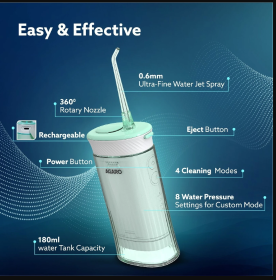 AGARO Ultra Travel Oral Irrigator, Portable, Cordless, Rechargeable, 4 Cleaning Modes, Water Flosser (Cordless  33768
