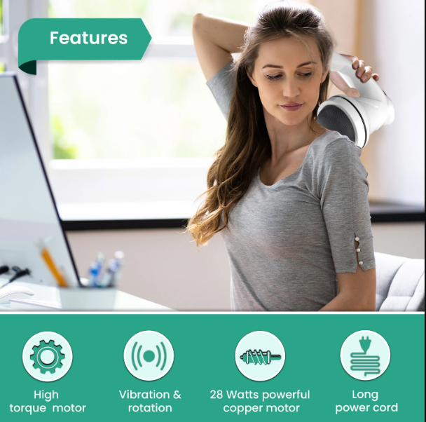 AGARO Atom Electric Handheld Full Body Massager with 3 Massage Heads, Mesh Cover, Variable Speed Settings for Pain Relief and Relaxation, Massager White  33923