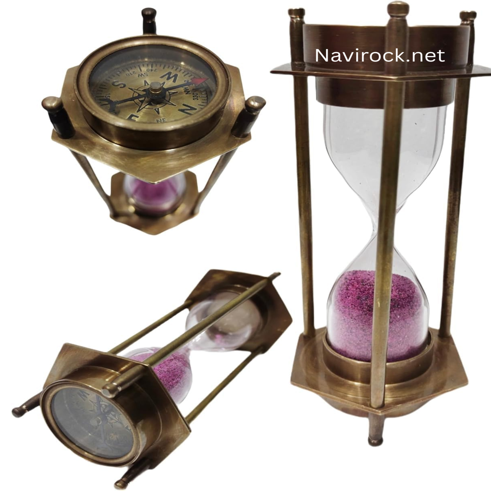 Antique Style Marine Compass with 5 Min Sand Clock Double Side Nautical Desk Decor Collectible Gift