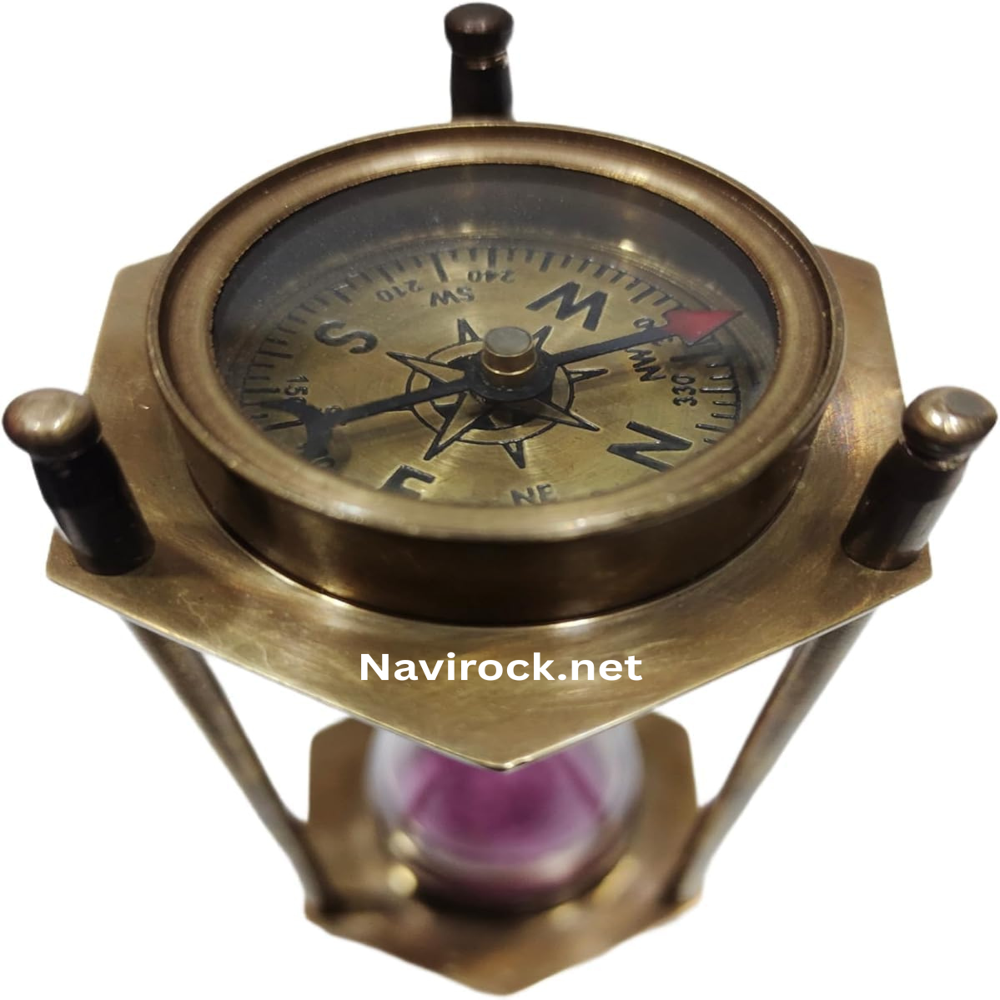 Antique Style Marine Compass with 5 Min Sand Clock Double Side Nautical Desk Decor Collectible Gift