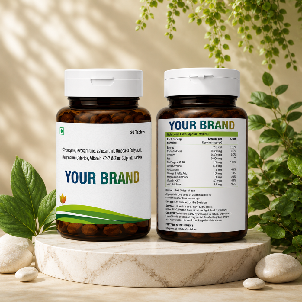 Co-enzyme ,levocarnitine, asthaxanthin, omega 3 fatty acid,magnesium chloride vitamin k27& zink sulphate tablet