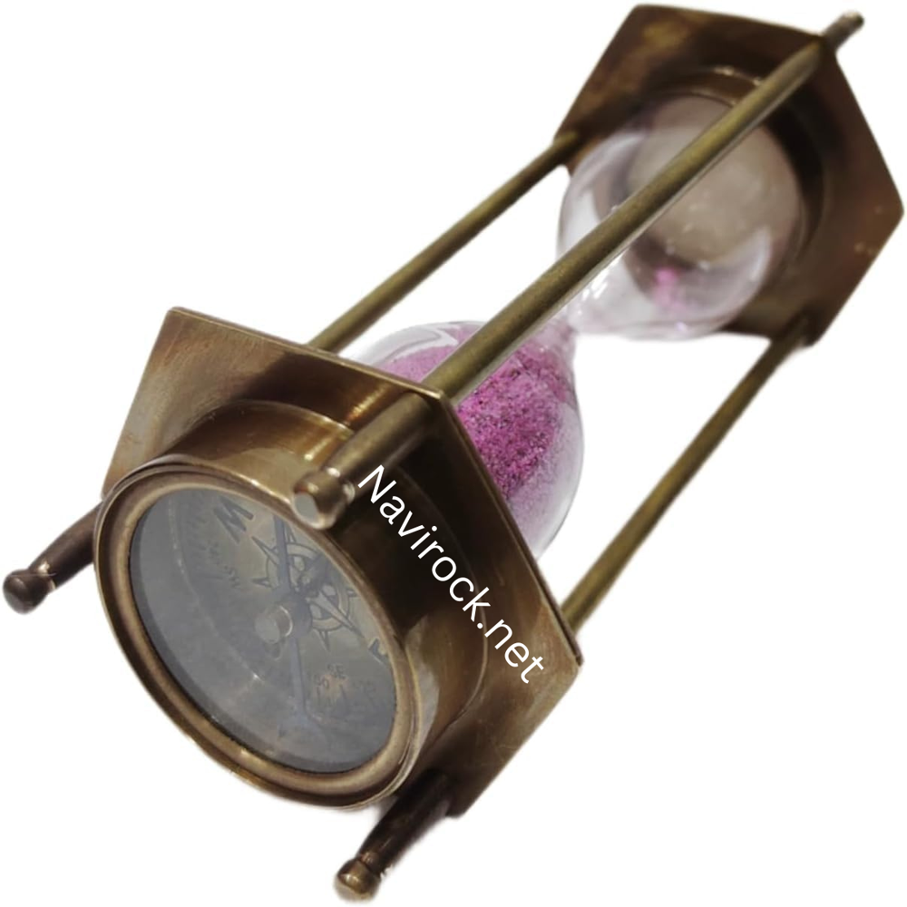 Antique Style Marine Compass with 5 Min Sand Clock Double Side Nautical Desk Decor Collectible Gift