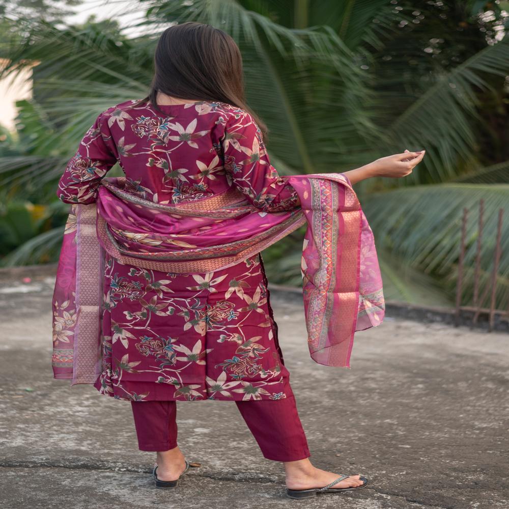 Three Piece Vatican Silk Discharge Print Suit Set