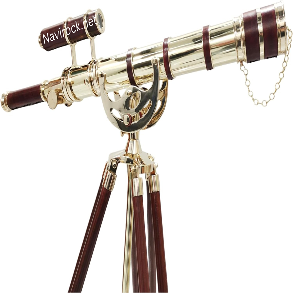 Nautical Double Barrel Telescope Shiny Finish Royal Collectible Vintage Floor Standing Wooden Brown Tripod Red Beautifull Leather Wrap