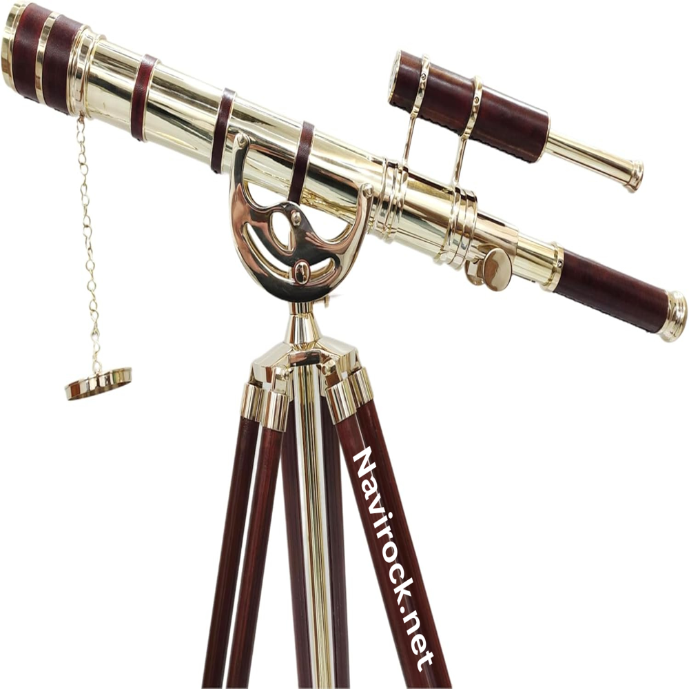 Nautical Double Barrel Telescope Shiny Finish Royal Collectible Vintage Floor Standing Wooden Brown Tripod Red Beautifull Leather Wrap