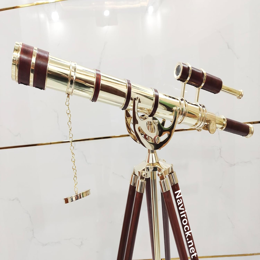 Nautical Double Barrel Telescope Shiny Finish Royal Collectible Vintage Floor Standing Wooden Brown Tripod Red Beautifull Leather Wrap