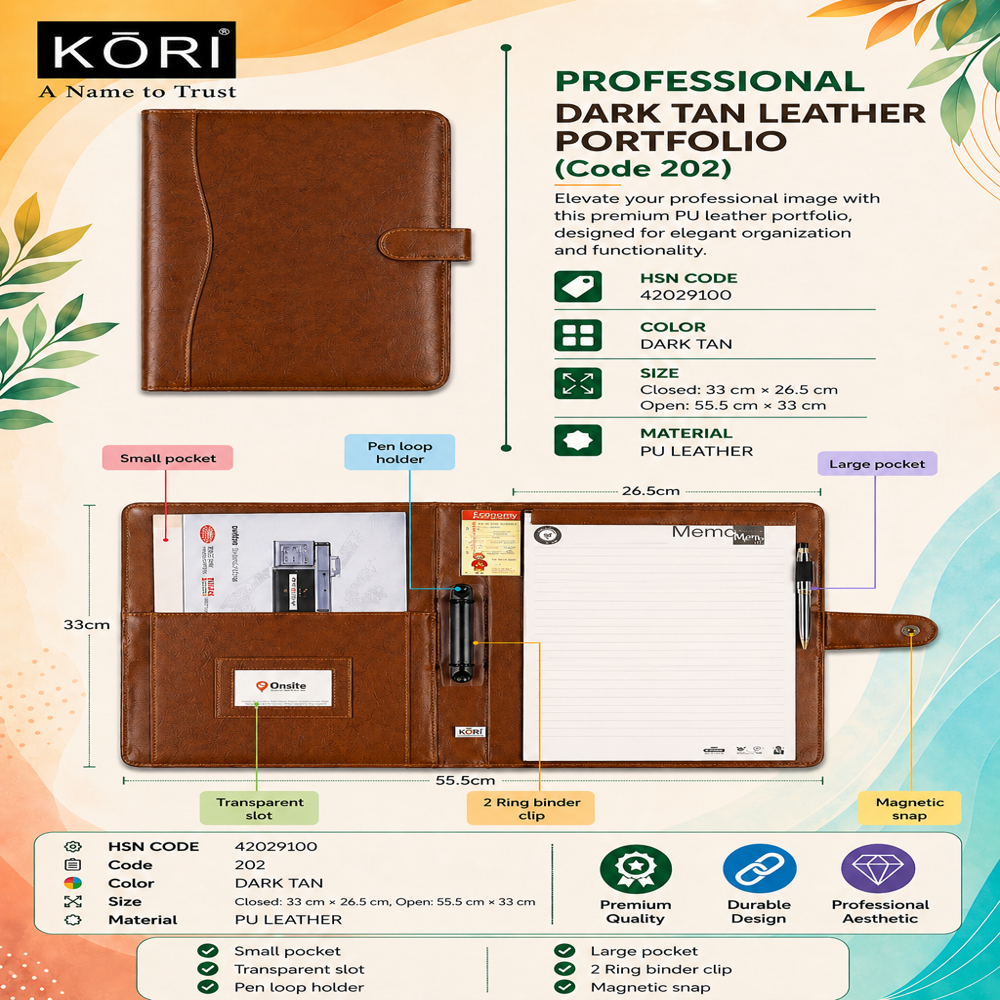 Kori Pro Binder Elite Leather Portfolio Organizer(202) - Coating Type: Polyurethane (pu) Coating